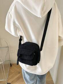 Elegant Corduroy Crossbody Bag, New Fashionable Personalized Square Shoulder Bag - Black - View 3