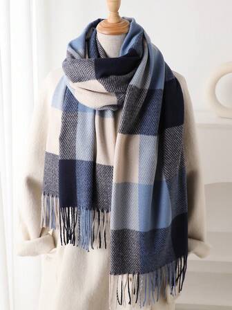 1枚 秋冬 レディース エレガントなヴィンテージ マルチカラー チェック ストライプ ジャカード フォーカシミア調 スカーフ/ショール、タッセル付き、ユニセックス 冬暖かカジュアル厚手スタイル ネックスカーフ ドレス用