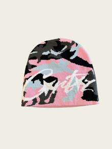 1pc Camouflage Letter Knit Beanie, Unisex Warm Winter Hat, Suitable For Casual, Streetwear, Couples, Students, Autumn/Winter