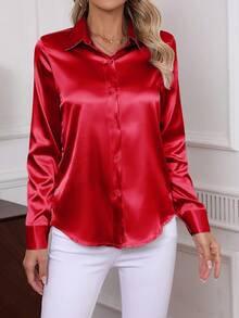 大码女式优雅府绸衬衫，经典纯色柔软舒适单排扣长袖衬衫，2025秋冬新款女装大码上衣 - 紅色 - 查看 4