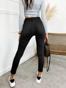 Women's Simple High Stretch Pants With Chain, Casual Skinny Pants, Suitable For Autumn, Spring, Winter, Summer, Travel, Vacation, Festival - Black - View 4