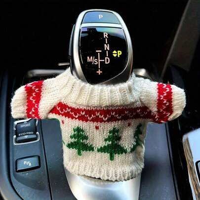 1pc Christmas Themed Mini Knitted Sweater Car Gear Shift Cover - White With Red & Green Xmas Tree Pattern, Cute Decorative & Dustproof Interior Accessory For Car Enthusiasts, Perfect For Holiday Season & Daily Driving, Trending Festive Auto Decoration