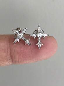 1 Pair Sparkling Cross Stud Earrings For Women, Retro Sweet & Chic Design, Suitable For Daily Commute/Dates