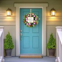 Coronas de Puerta para Primavera Y Verano, Corona de Flores Artificiales de 15.7 Pulgadas, Guirnaldas Decorativas Colgan con Bayas Artificiales, Flores Coloridas y Letrero de Welcome - 1 - Ver 3
