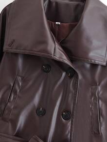 Solid Color Lapel Belt Short Faux Leather Windbreaker, Spring/Autumn - Brown - View 4