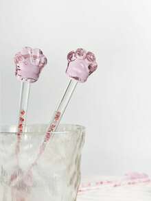 1pc Valentine's Day Pink Cat Paw & Cherry Blossom Cocktail Stirrer, Creative Girly Pink Glass Stir Stick For Coffee, Milk, Juice, Beverage, Heat Resistant - Pink Spoon - View 4