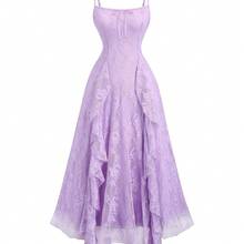 [Elegant Lace Dress] Sleeveless Elegant Blue Lace Midi Dress | Ruffle Hem, Cinched Waist, Flowing Skirt For Women - Perfect For Summer Events, Formal Attire - 紫色 - 查看 1