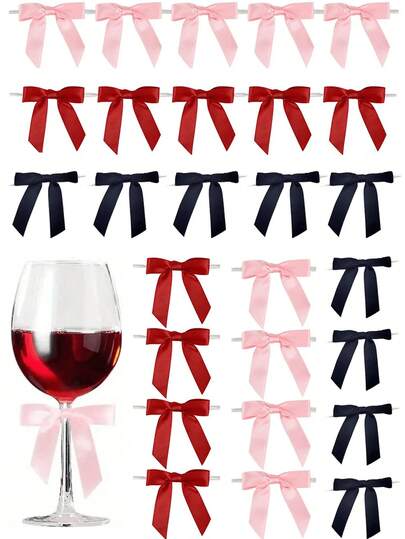 1/10pcs Shiny Wine Glass Decoration Bows, Christmas Party Decoration Bows/Satin Ribbon Black Bow Decor,Premade Twist Tie Bows,Classic Fabric Christmas Bow Ornaments,For Tree Decoration,Wine Glass Decoration Bows, Festive Wreath & Gift Adornment.