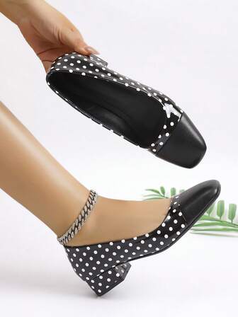 Women's Handmade Low Heel Slip-On Shoes, Colorblock, Soft, Polka Dot, Chunky Heel, Comfortable, Suitable For All Seasons