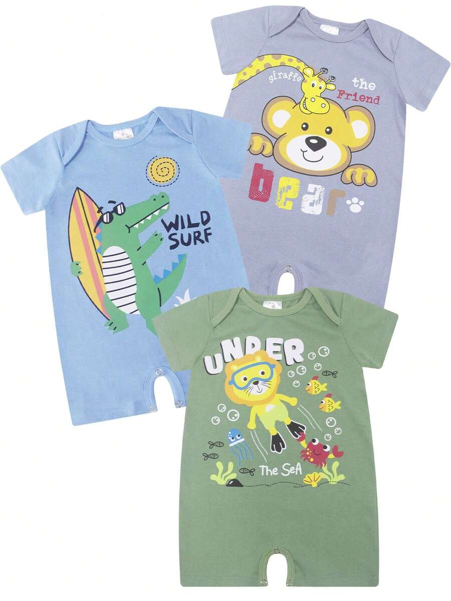 Kit Of 3 Short Baby Boy Rompers, Summer Sunbathing, Sizes P To GG - Pistachio - View 1