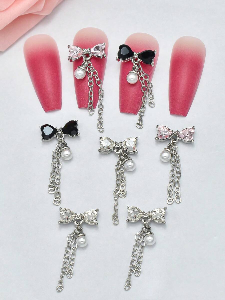 5 Pcs Bow Pearl Chains Nail ArtCharms, Luxury Heart Rhinestone &Bow Pearl Pendant Nail CharmsJapanese & Korean Style Nail Decorations, Nail Art Supplies