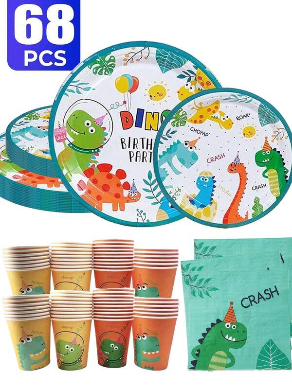 Conjunto de 68 peças/conjunto para festa de aniversário com tema de dinossauro, bandeja de papel para festa, bandeja de papel descartável, artigos para festa, utensílios de mesa para festa, festa de aniversário, festa, piquenique e acampamento, festa de fim de ano, tema de dragão, decoração de restaurante, mãe, decoração de cozinha, casa, casamento, aniversário, decoração de aniversário rosa, chá de panela, lembrança