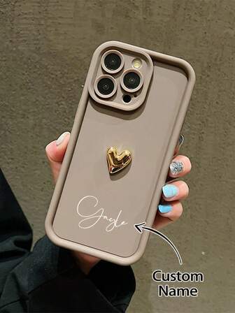 Customized Phone Case, Personalized Tiered Full Screen 3D Gold Heart Text Customized Full Coverage Silicone Lens, Suitable For Samsung/Apple/16promax/15/Xsmax/14/Xs/13xr12pro11 And Other Phone Models