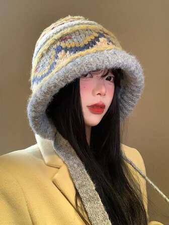 1pc Women's Colorblock Knit Beanie Hat, Warm & Windproof, Thick & Thermal Lined, Outdoor Earflap Design, Casual Style, Washable, Great Gift For Autumn/Winter