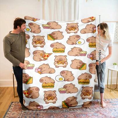 [Tacto suave] Manta de franela de lana: suave y cómoda de poliéster, diseño de dibujos animados para todas las estaciones, con personajes icónicos y gráficos vívidos de capibaras, ideal para regalar, manta de personaje de dibujos animados de Halloween, manta de impresión digital