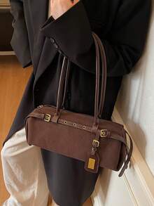 1pc Fashionable PU Commuter Bag, Minimalist Solid Color Vintage Style Casual Shoulder/Underarm Bag For Women, Autumn/Winter - Coffee - View 5