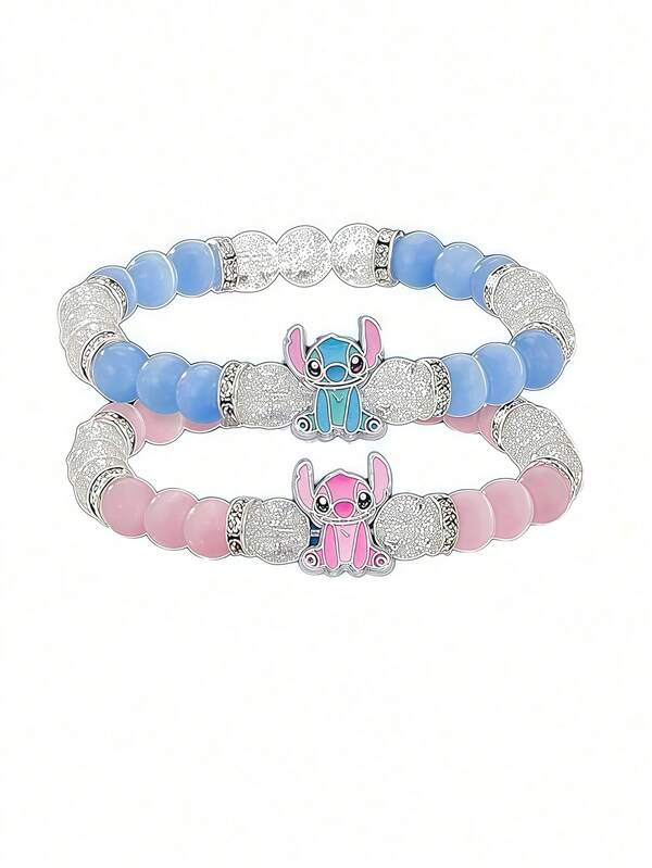 1 pieza Pulsera de Stitch de tema de anime de Disney, con cuentas de cristal azul y rosa, para vestirse y accesorios de fiesta, regalo de Navidad para amantes de los dibujos animados y el anime