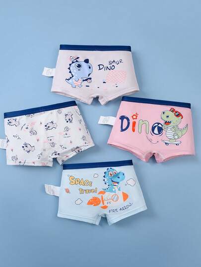 4 st/set Boxershorts med tecknad dinosaurietryck för pojkar, set med underkläder för barn