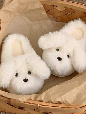 女士冬季室内拖鞋，可爱狗狗图案，防滑，保暖，厚实柔软的鞋底