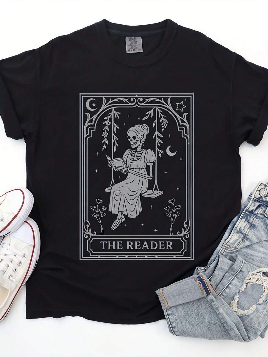 The Reader Tarot Shirt Bookish Halloween T Shirt Skeleton Cottagre T-Shirt Spooky Book Lover Tee Dark Academia Crewneck - 款式11 - 查看 1