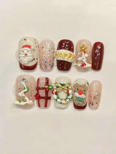 10 Stück kurze quadratische rote Nägel für Neujahr und Weihnachten, einfacher roter französischer Stil mit 3D-Weihnachtsmann, handbemalter unregelmäßiger Gips-Weihnachtsbaum mit Pentagramm, perlenfarbene Edelsteine, handbemalter Weihnachtskranz, süße Rentier-Dekoration, Nagelzubehör, Aufklebe-Nägel, Acryl-Aufklebe-Nägel, Weihnachts-Nägel, kurze Aufklebe-Nägel, Weihnachts-Aufklebe-Nägel, Nagel-Werkzeugsatz, Acryl-Nagel-Set