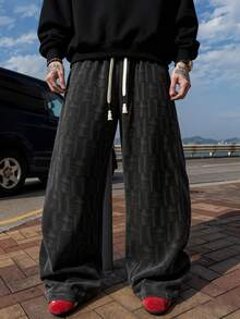 1 件男士宽松阔腿纯色休闲裤，适合所有季节的日常穿着 - 黑色 - 查看 4