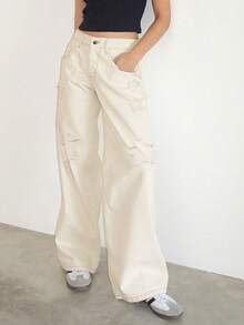 Jeans rectos y casuales de mujer de color blanco, hechos de tela con estampado de estrella desgastada y sin estiramiento, adecuados para uso diario