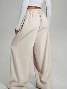 Stylish Plus Size Woven Fabric Wide Leg Pants Long With Pockets Non-Stretch For Everyday Wear - Apricot - View 4