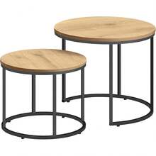 Home Collective Couchtisch 2er Set Rund Beistelltisch Loft Design 2 in 1 Verschachtelung Kratzfeste Oberfläche, Wohnzimmer| 53cm und 43cm Breit Eiche mit schwarzen Beinen