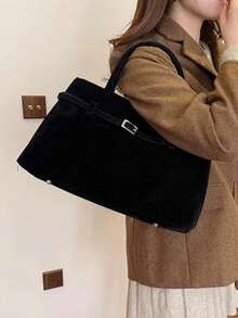 1pc BUTFLY Vintage Style Large Capacity Suede Handbag, Solid Color, Fixed Shoulder Straps, Buckle Closure, Polyester Lined, Fabric Tote For Daily Commute, Date, And Travel