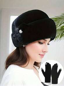 Faux Mink Fur Flower Hat, Fashionable Leather Warm Hat, Thick, Ear-Protective, Windproof, Solid Color, Washable - Suitable For Autumn/Winter Autumn Accessories