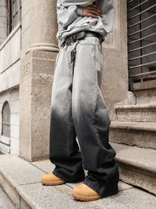 男士四季水洗渐变直筒牛仔裤，长款百搭 Y2K 街头风格牛仔裤，适合送给男朋友/丈夫的礼物 - 黑色 - 查看 4