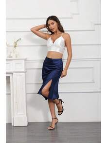 Womens Silky Satin Midi Skirt High Waist Elastic Waist A Line Skirt With Slit - Màu xanh lá cây đậm - Xem 11