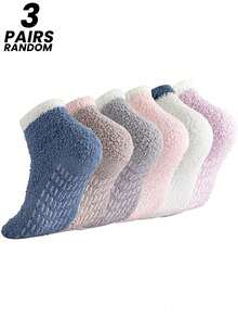 1/2/3 Đôi tất lông cừu san hô màu trơn ngẫu nhiên, tất lông dày, ấm áp dài đến giữa bắp chân dành cho phụ nữ sau sinh, khi ngủ, chống thấm nước, mặc trong nhà, mùa thu/đông - Nhiều màu - Xem 1