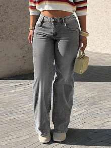 Women's Pocket Straight Tube Loose Casual Versatile Jeans - Xám - Xem 4