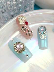 10pcs Glossy Y2K French Western Ocean Nail Art, Pink Nails, Red Nails, Light Blue Nails, Shiny Nails, 3D Handmade Starfish & Shell Decor, 3D Hand-Painted Wavy 3D Colorful Carved Rectangle Acrylic Nails, Perfect For Bikini Beach Matching. - 彩色 - 查看 3