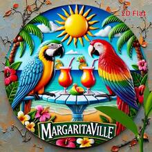 2D Printed - 1pc, Round Metal Plaque, Round Metal Plaque With Parrot Holiday Theme - Vintage Coastal Home And Kitchen Wall Art, Perfect For Cafe, Patio Or Backyard Decor, Pre-Drilled Holes, Style As Shown In Size Chart.