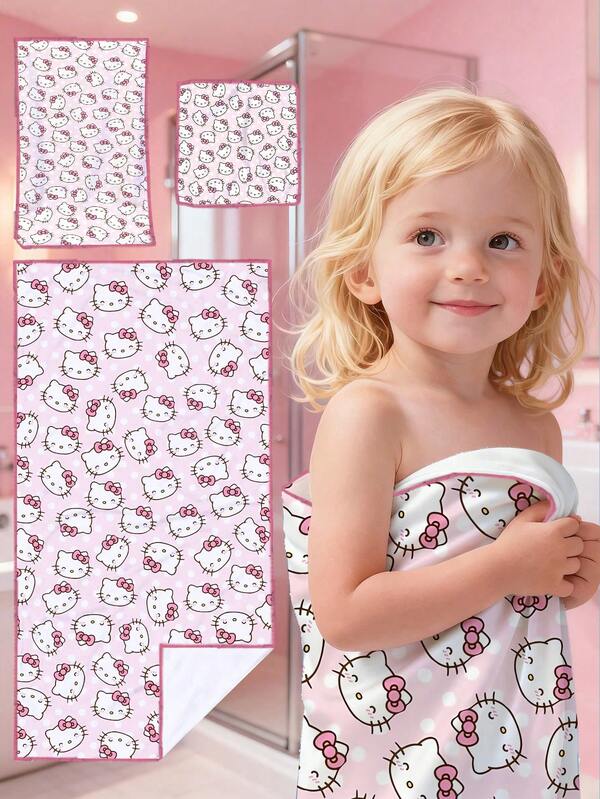 Sanrio 3pcs Sanrio Hello Kitty 400gsm Ultra-Soft Microfiber Bathroom Set, Including Bath Towel, Highly Absorbent & Quick Dry Towels, Ideal For Kids, Guests, Beach, Sauna, Best Gift For Children