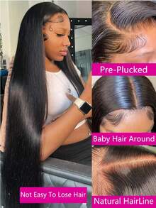 200% Bone Straight 40 Inch 13x4 Lace Frontal Wig Transparent Lace Brazilian Pre Plucked With Baby Hair Natural Black Color Lace Front Wig Human Hair Wigs 200% Density #1B Black Color For Women - Natural Black - Xem 5