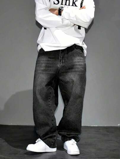 Calça jeans masculina casual vintage com ajuste solto e bolsos