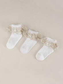 3pairs White Socks With Gold Lace Trim, Floral Lace Soft Short Socks For Party, Ballet, Casual Wear In Autumn & Winter - Gold - View 10