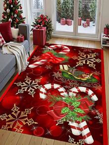 1pc Snowflake Bow Candy Element Velvet Christmas Carpet, Skin-Friendly, Soft, Non-Slip, Doormat, Dining Room, Porch Entrance, Machine Washable, Foldable, Easy To Clean, Durable, Personalized Home Decor, Fashionable Home Decor, Christmas, Holiday - Red - View 2