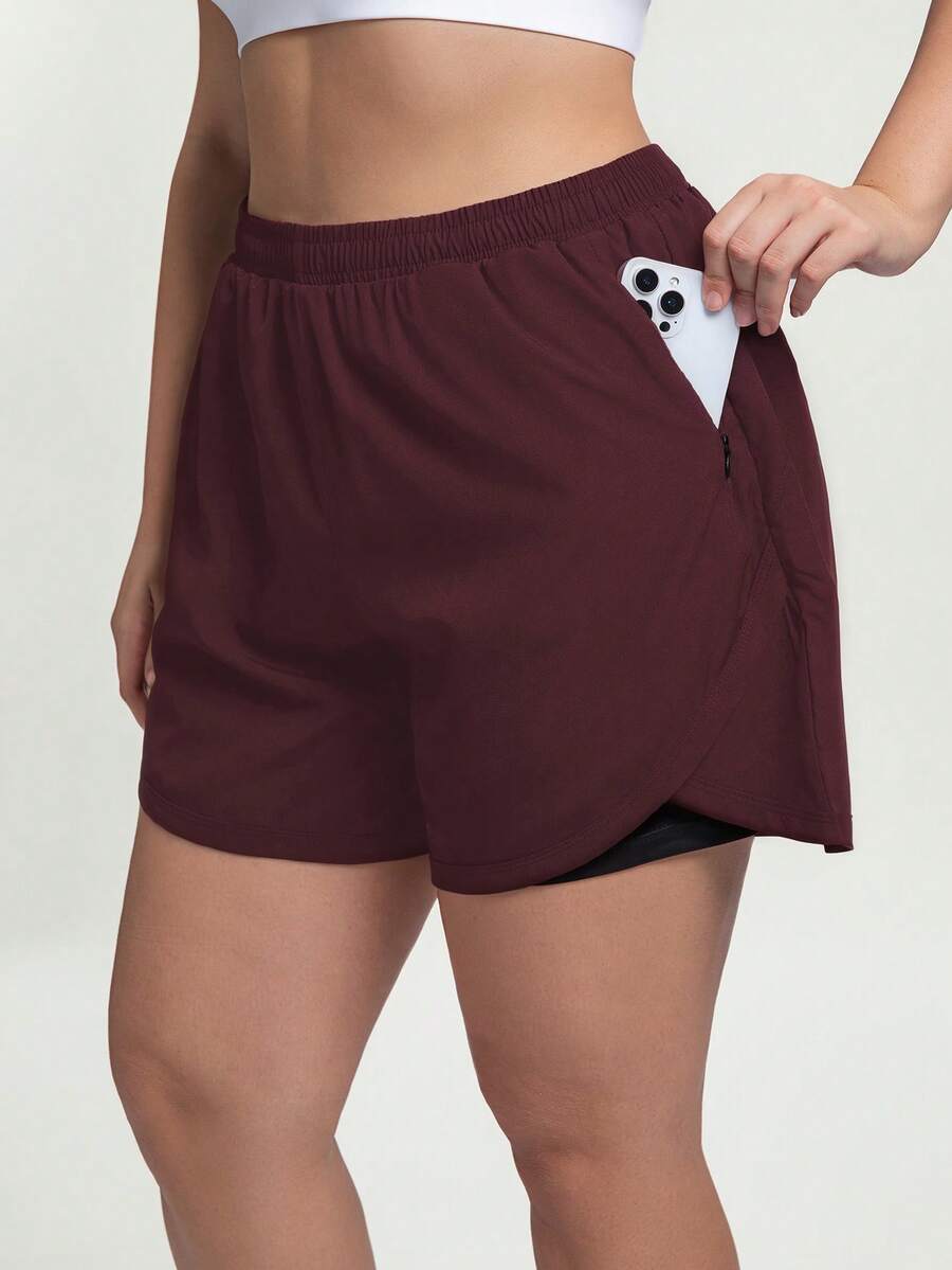 1pc Plus Size Women's Shorts, 2-In-1 Solid Color Lining 2 In 1 Sports Pants, Elastic Waist Two Pieces Set, Suitable For Running, Sports, Yoga, Fitness In Summer - Burgundy - View 1
