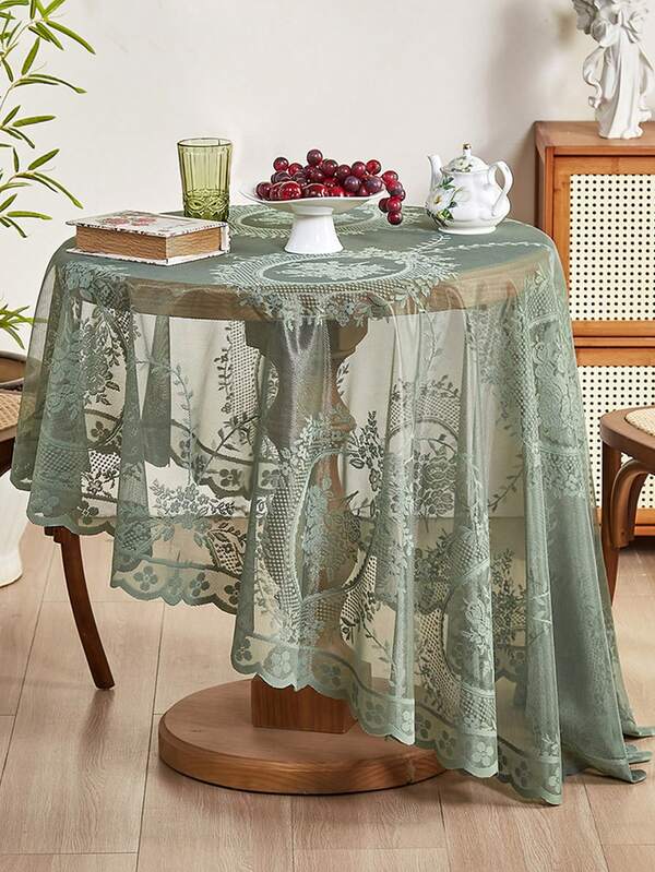1 pezzo Tovaglia rotonda in pizzo jacquard floreale traforato, bianco/verde, in poliestere ricamato, adatta per tavolo da cucina, tavolo da pranzo, decorazione per vacanze, matrimoni, tavolino da caffè, mobile TV, tavolino da tè, piccoli tavoli rotondi