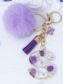 1pc Purple Starry Sky Dried Flower 26 Uppercase English Letter Resin Keychain, Bubble Fur Ball Glass Butterfly Tassel Decor, 18K Gold Lobster Clasp Design, Suitable For Bag Chain, Phone Strap, Gift For Friends, Mother, Christmas, Bag Charm, Car, Teacher, Sisters Gifts For Mother, Father, Graduation, And Teacher - Purple - View 23