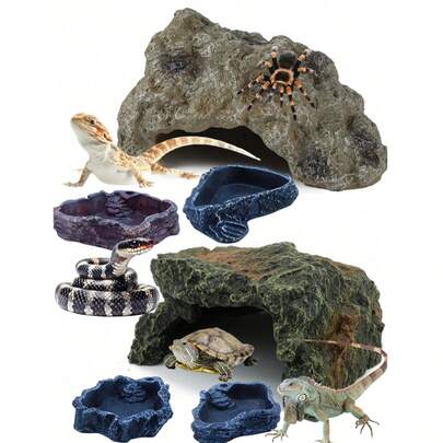 Hang đá trú ẩn cho bò sát, đĩa đựng thức ăn, môi trường sống cho thằn lằn sư tử bờm, tắc kè, rắn, thích hợp cho bể cá kính, bể nuôi bò sát, trang trí bát ăn, áp dụng cho: Thằn lằn, rùa, bò sát, lưỡng cư, cá