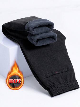 Men's Elastic Waist Slant Pocket Thermal Lined Casual Pants, Warm For Autumn/Winter