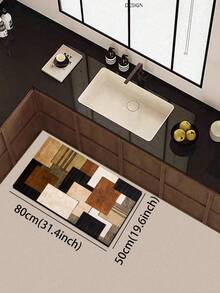 1pc Silica Gel Kitchen Floor Mat With Geometric Pattern. The Mat Features Various Colored And Shaped Geometric Forms Like Squares, Combined Through Arrangement To Create A Modern, Decorative Artistic Design. The Surface Is Fabric Material, The Middle Is Water-Absorbent Sponge, And The Bottom Is Rubber That Is Easy To Clean, Approximately 3mm Thick.