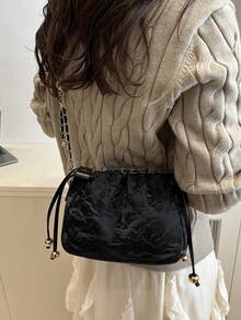 1 pièce Sac seau à cordon de serrage de couleur unie avec sangle à chaîne, sac à épaule mode pour femmes