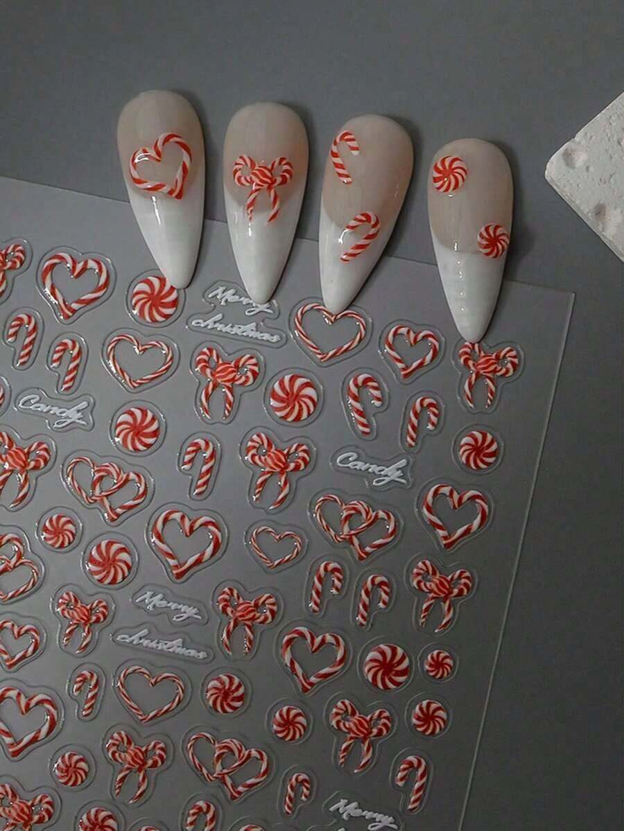 1 pieza Pegatina de uñas de Navidad con caramelo rojo en relieve 5D, Decoración de uñas autoadhesiva e impermeable DIY - Multicolor 2 - Ver 1